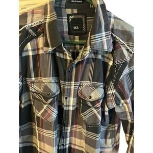 BKE Buckle Mens‎ Western Black Gray Plaid Pearl Snap Slim Fit Stretch Size med.